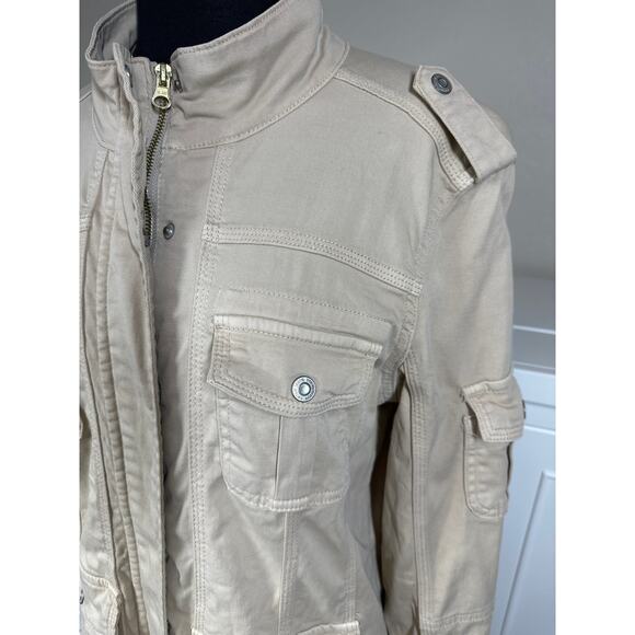 Kensie Jeans Lightweight Zip-Up Utility Jacket Size L Tan Khaki Neutral Pockets - Picture 4 of 13